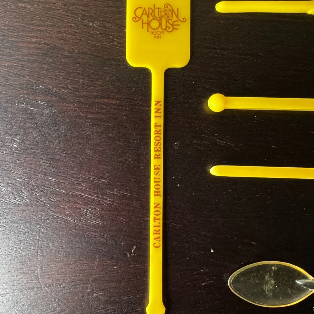 Vintage MCM bright yellow Cocktail Stirers, Barware, Carlton House Resort Inn